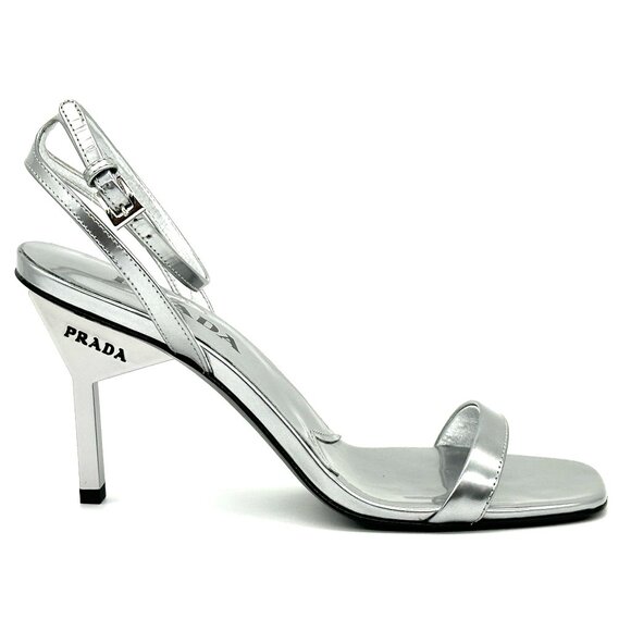 PRADA Metallic Leather Logo Triangle Heel Ankle Strap Sandals Heels Shoes - Picture 8 of 15